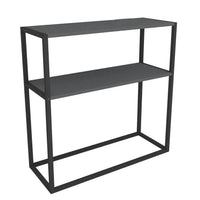 Masă consola decorativa cu 2 rafturi, 90x90x33,5 cm, efect stejar și cadru metalic