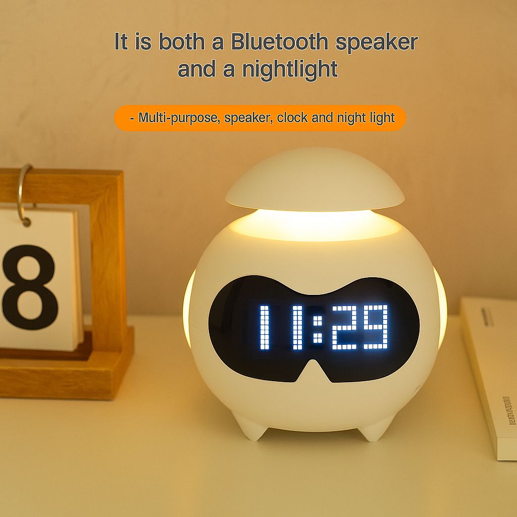 Ceas desteptator Emoji cu lumină si difuzor Bluetooth – Robot amuzant pentru trezire si decor modern