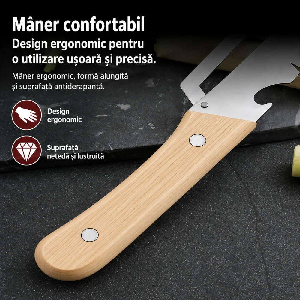 Set 2 curatatoare multifunctionale 2 in 1 pentru fructe si legume, cu deschizator de sticle integrat, lame din otel inoxidabil si maner din lemn - detaliu produs