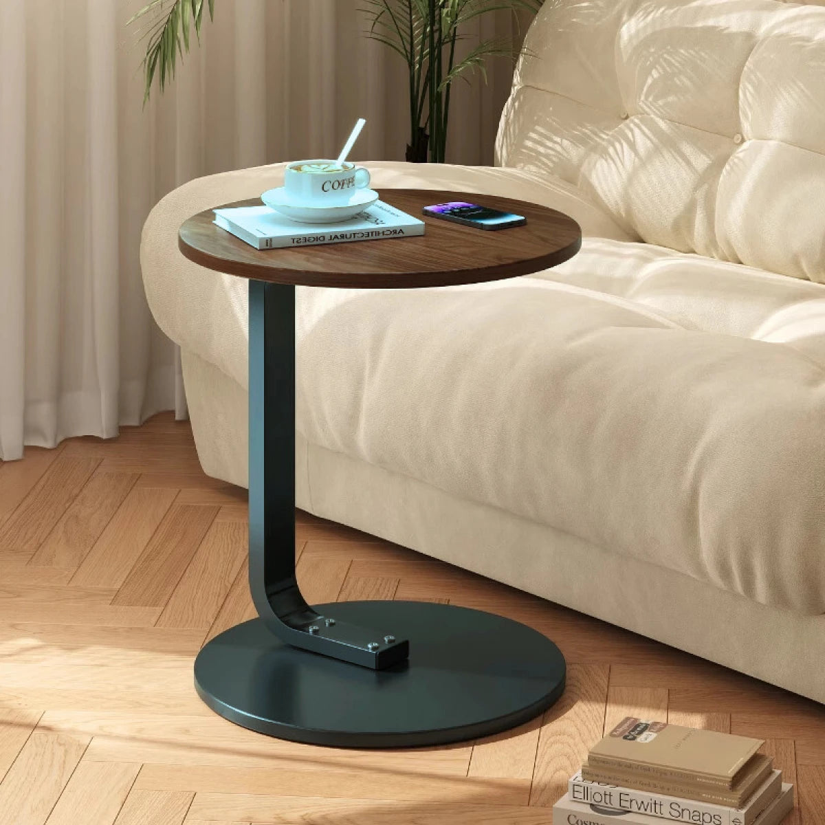 Masuta rotunda pentru cafea, MDF cu metal, 50 x 60 cm, maro cu negru