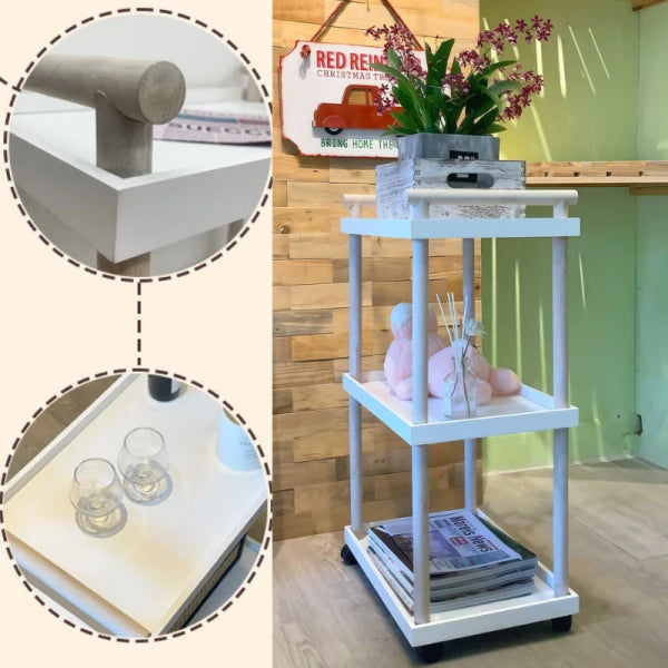 Raft mobil cu 3 polite si 4 roti rotative, suporturi din lemn natural, alb