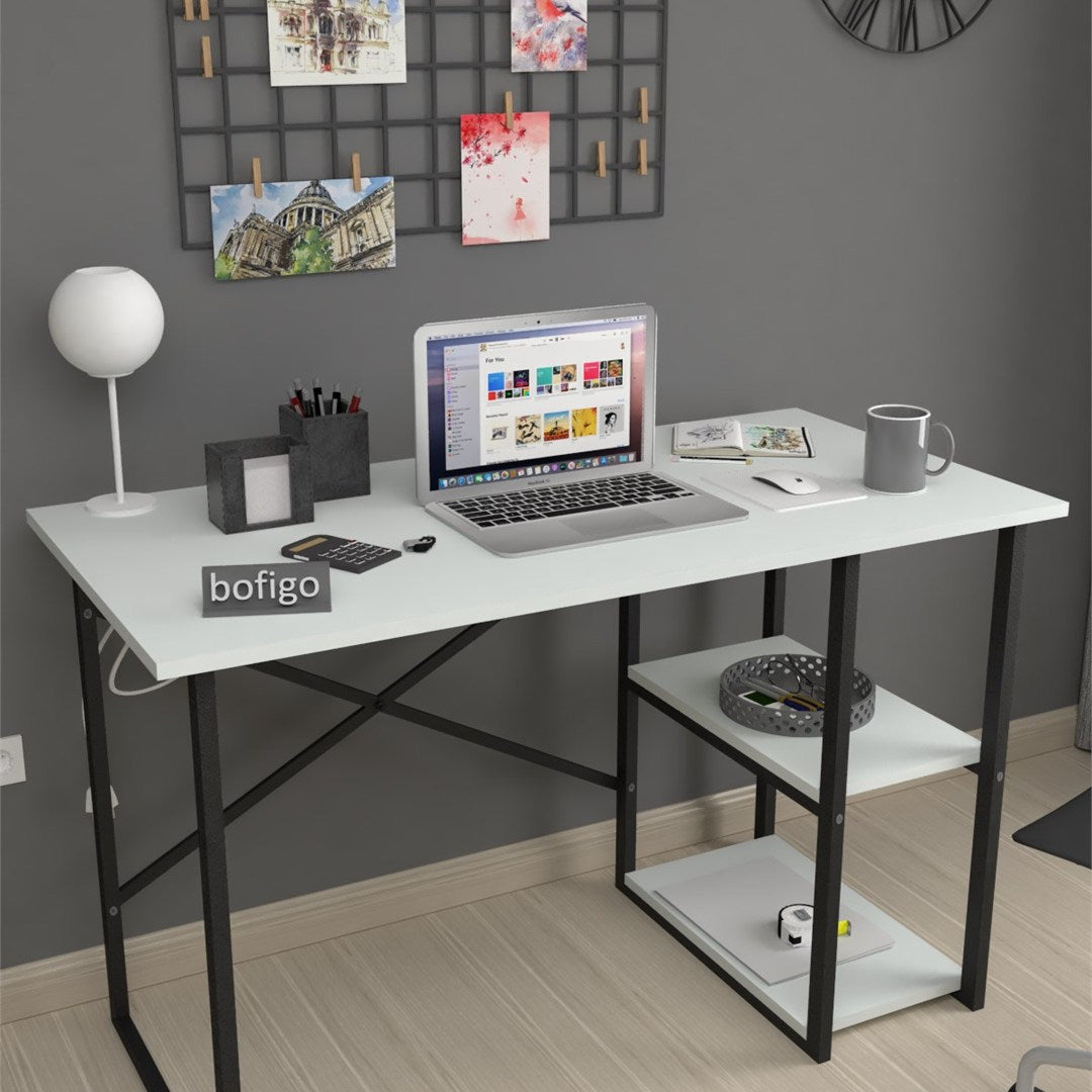 Birou cu 2 rafturi laterale, birou 120 x 60 cm suprafata mare de lucru pentru studiu sau home office, 2 polite pentru dosare carti si accesorii, PAL melaminat 18 mm clasa E1, sustine 40 kg blat, stil modern Pin natur - detaliu 9