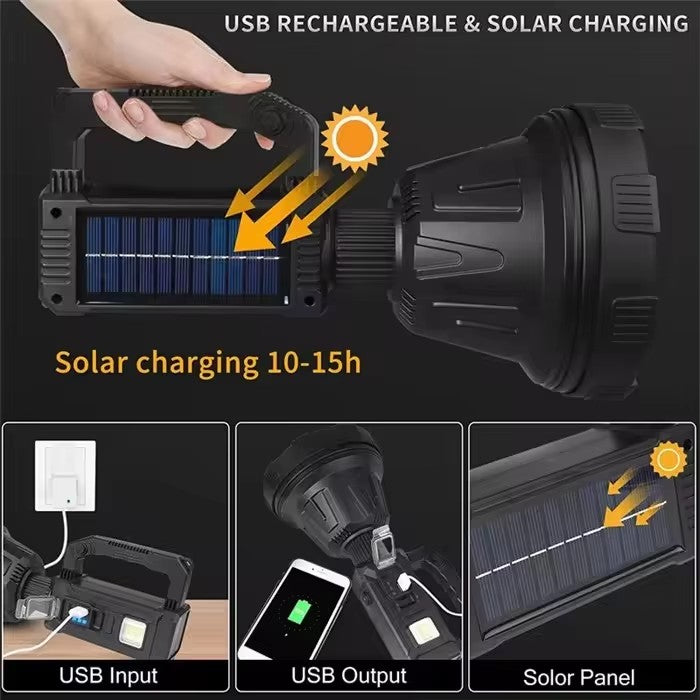 Lanternă Profesionala LED cu Încarcare solara, USB, trepied și 6 Moduri de Iluminat, 3 lentile colorate