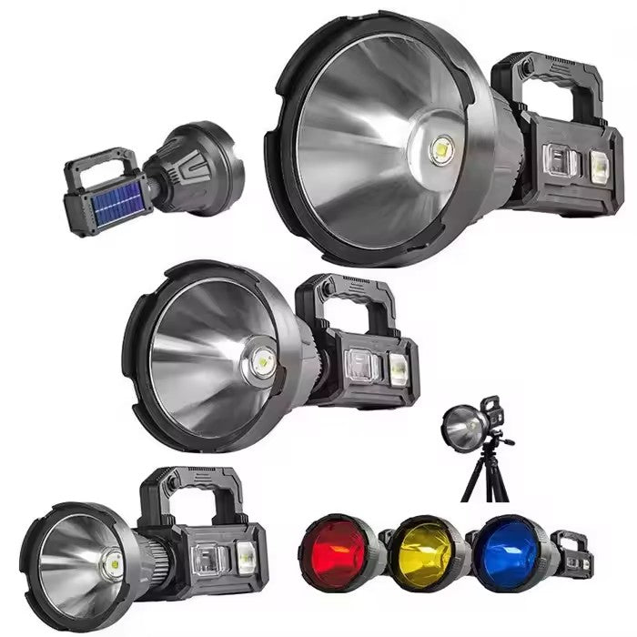 Lanternă Profesionala LED cu Încarcare solara, USB, trepied și 6 Moduri de Iluminat, 3 lentile colorate