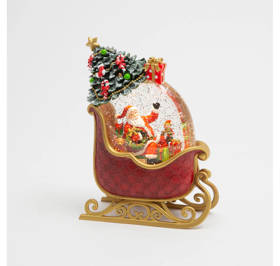 Lampa decorativa Craciun cu Mos Craciun in sanie, lumina si 8 melodii festive