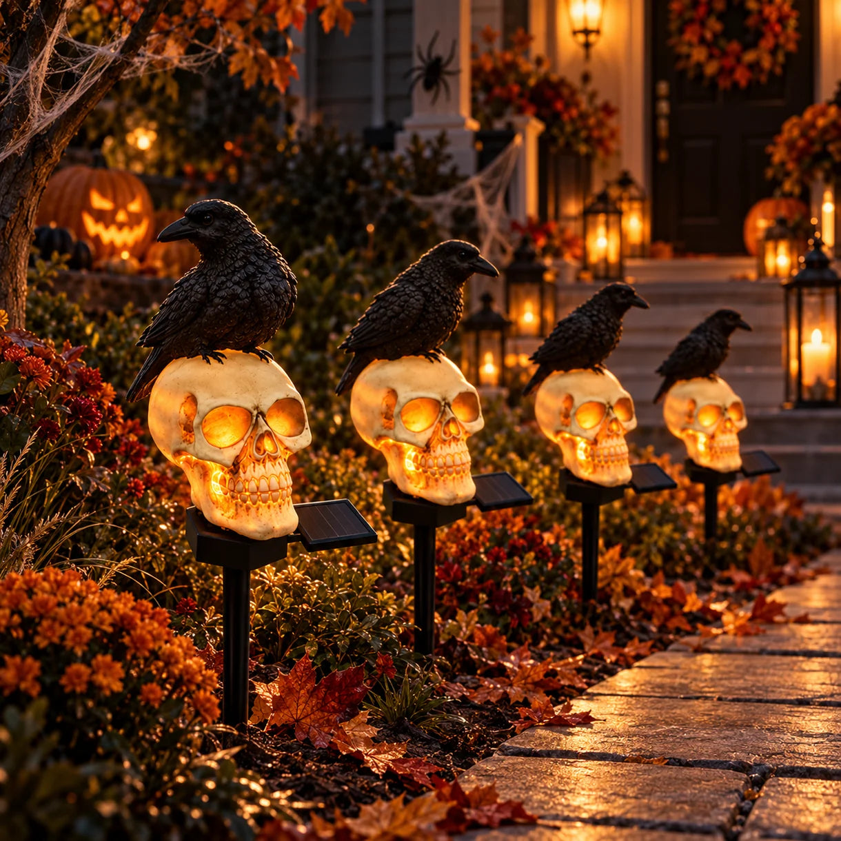 Set 2 Lampi Solare Halloween cu Craniu si Cioara Decoratiuni Gradina Curte - detaliu produs