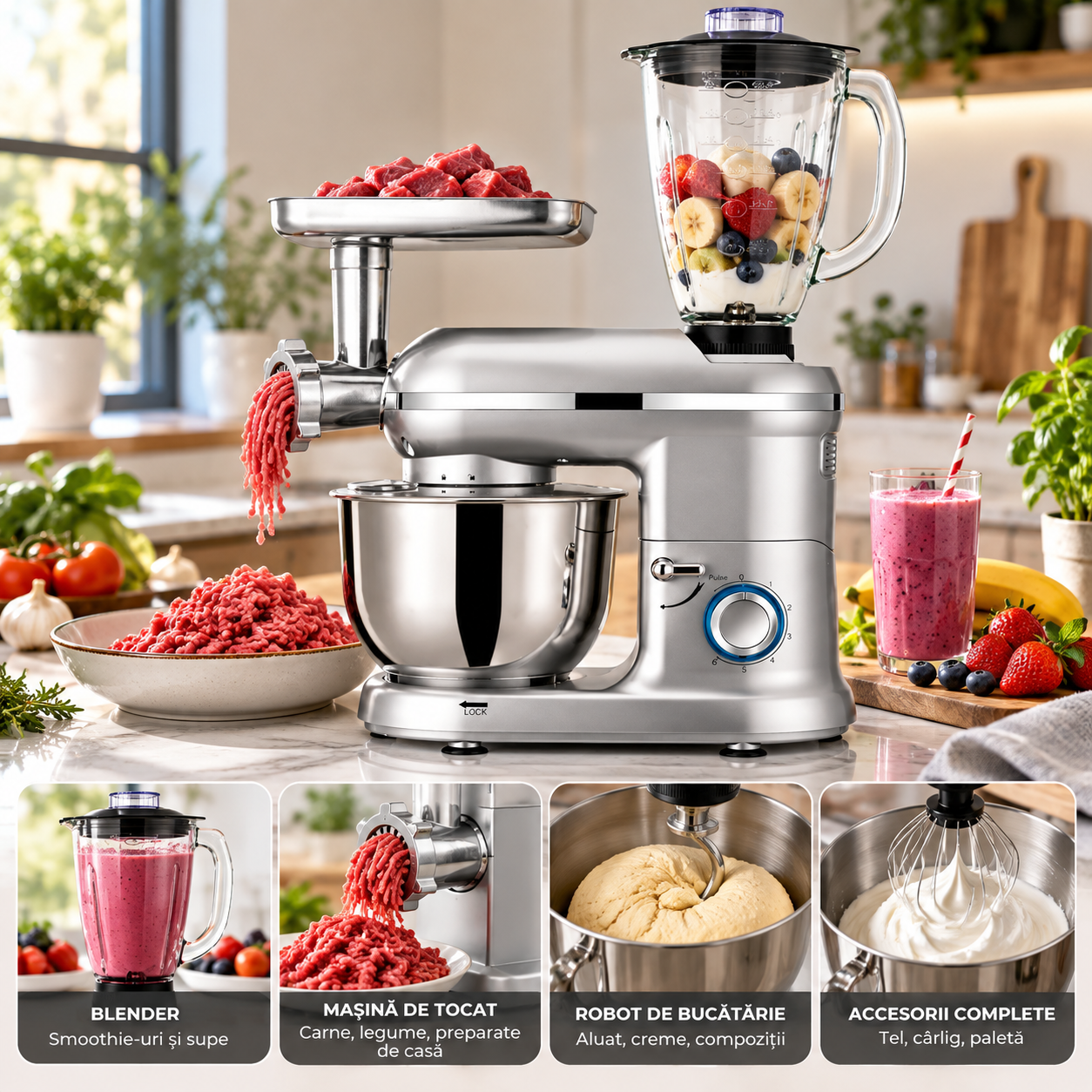 Robot de bucatarie 1400W cu bol inox 5.5L – mixer, tocator si blender multifunctional, argintiu - imagine 2
