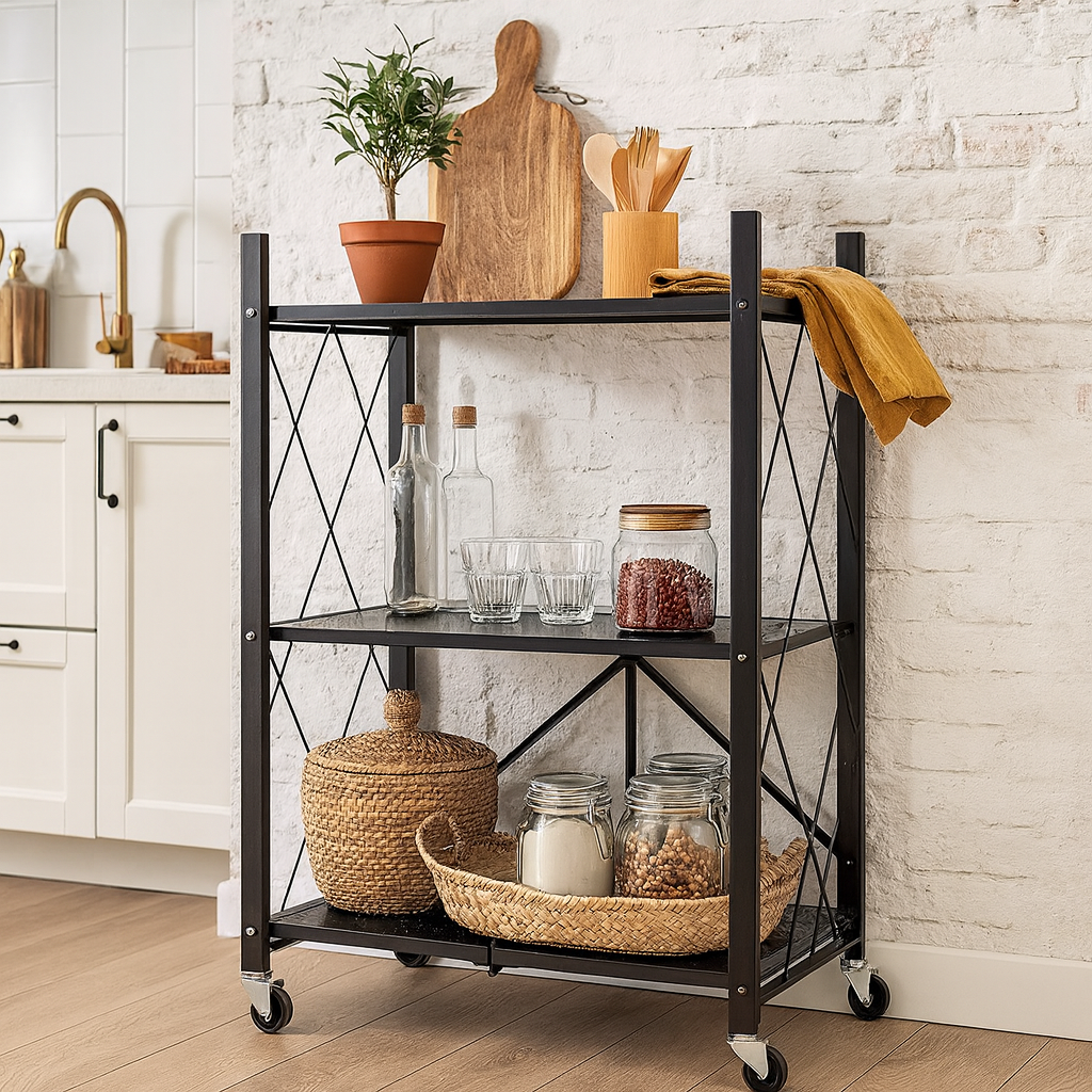 Raft depozitare, metalic, pliabil, pe roti, 3 polite,72 x 34 x 87 cm