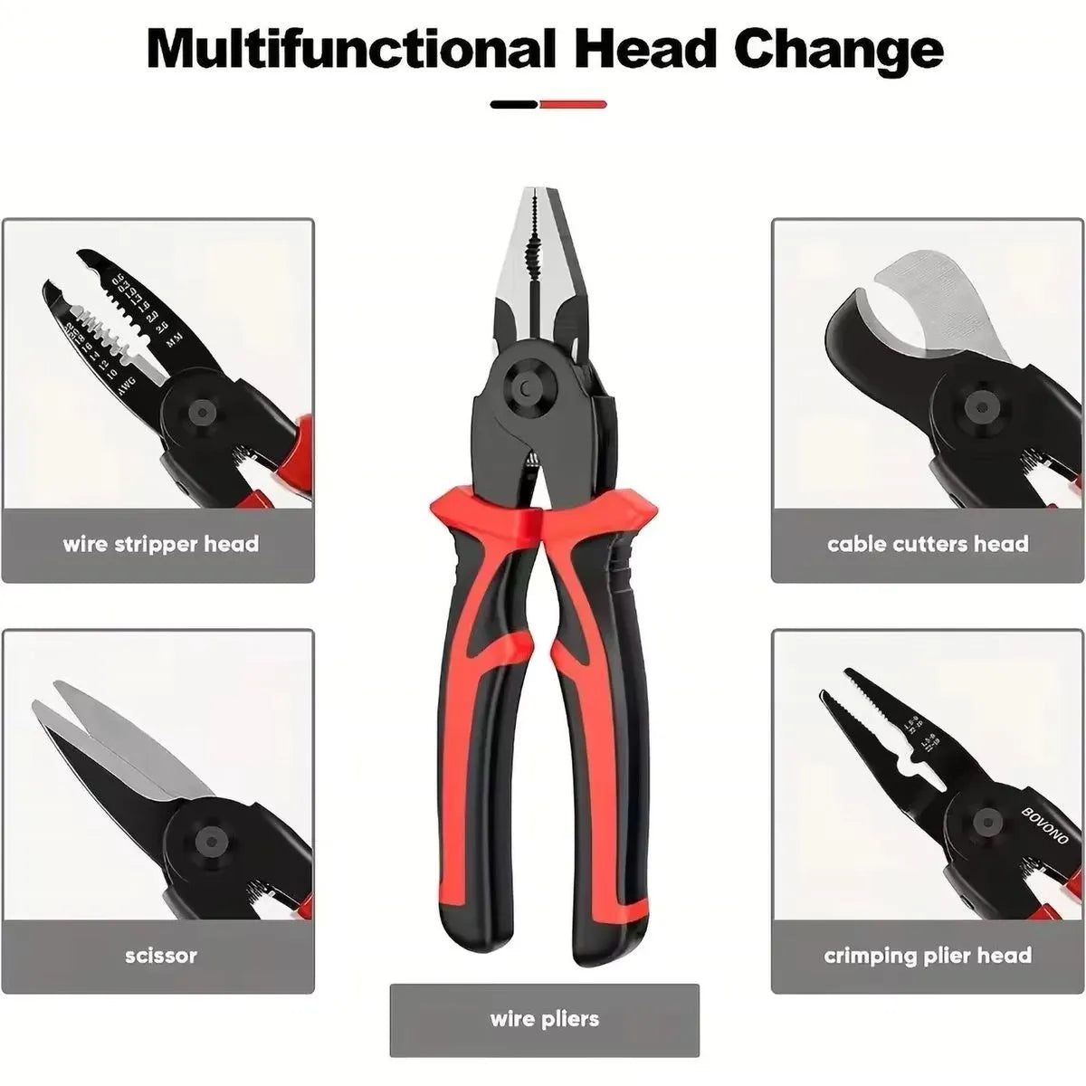 Clește multifuncțional 5 în 1 cu capete interschimbabile, Patent, Taietor Cablu, Dezizolator, Cleste Sertizare, Foarfeca de tabla, cap interschimbabil, maner ergonomic, izolat electric