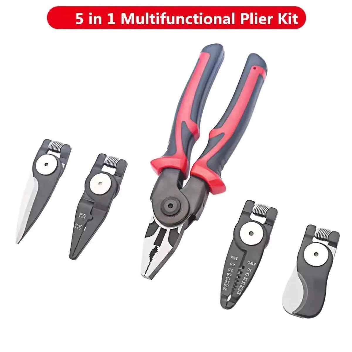 Clește multifuncțional 5 în 1 cu capete interschimbabile, Patent, Taietor Cablu, Dezizolator, Cleste Sertizare, Foarfeca de tabla, cap interschimbabil, maner ergonomic, izolat electric