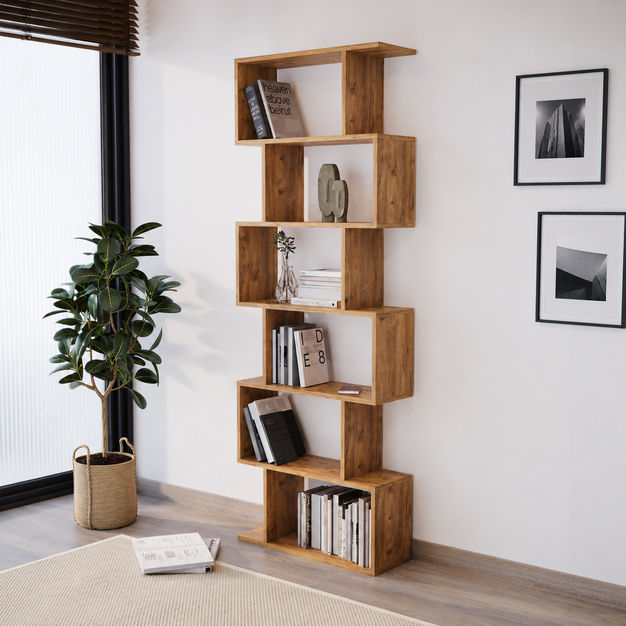 Bibliotecă modernă cu 6 rafturi asimetrice 80x25x190,2 cm - imagine 3