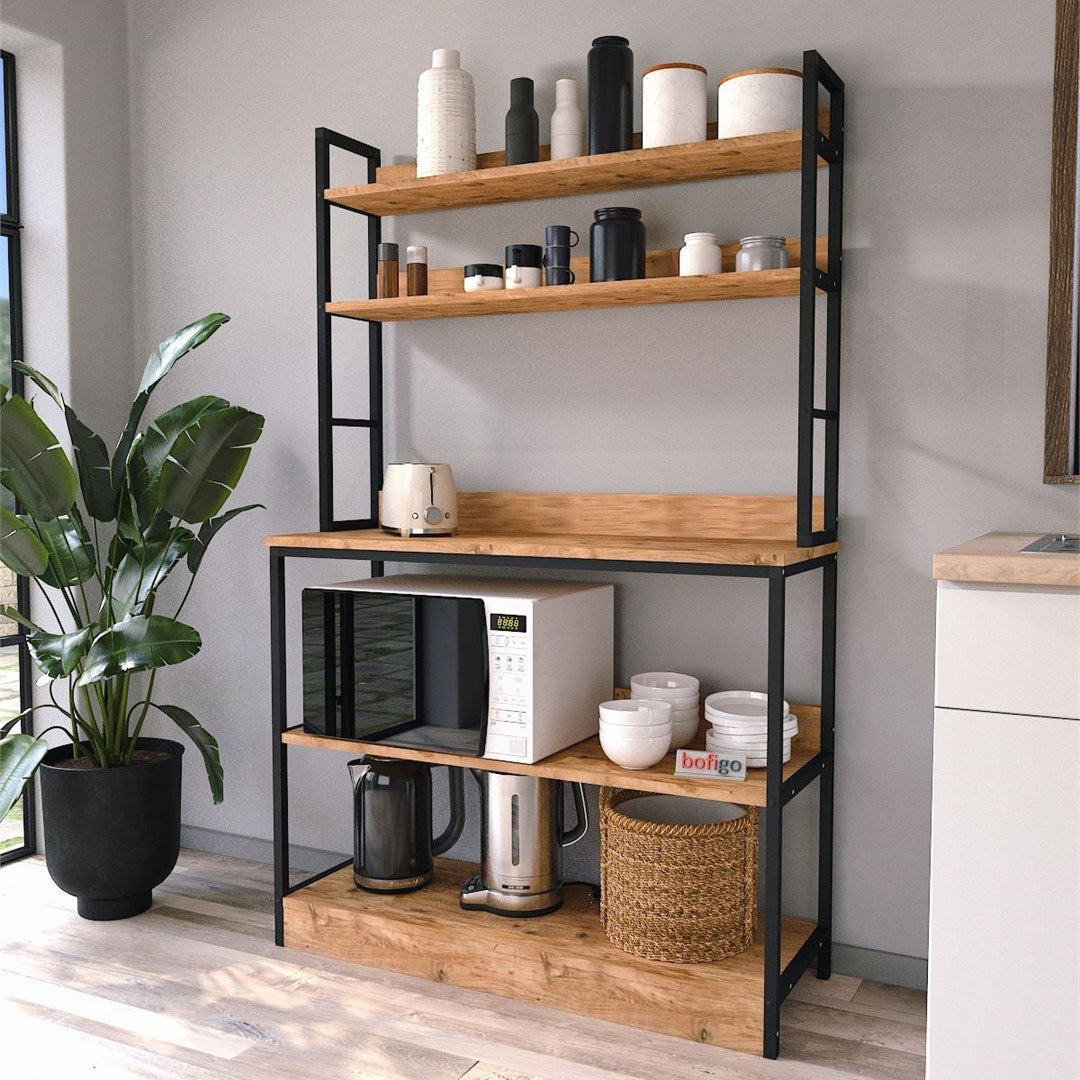 Raft bucatarie Panama cu rafturi deschise si inchise, 80 x 170 cm, suport dedicat microunde si accesorii mari, cadru metalic rezistent + PAL melaminat 18 mm, stil industrial modern pentru bucatarie sau camara Pin natur - vedere principala