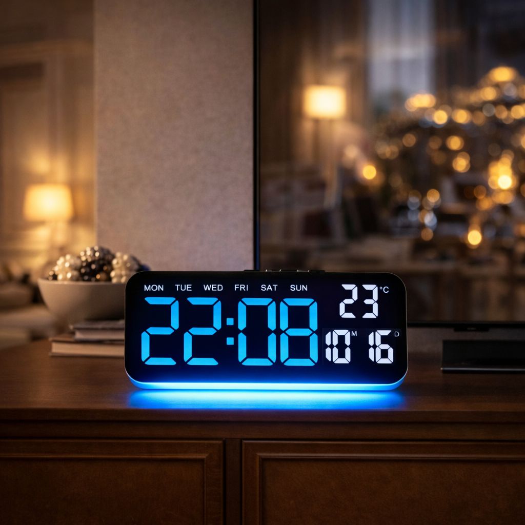 Ceas digital LED multifunctional cu afisaj mare si iluminare ambientala, 24 x9 cm