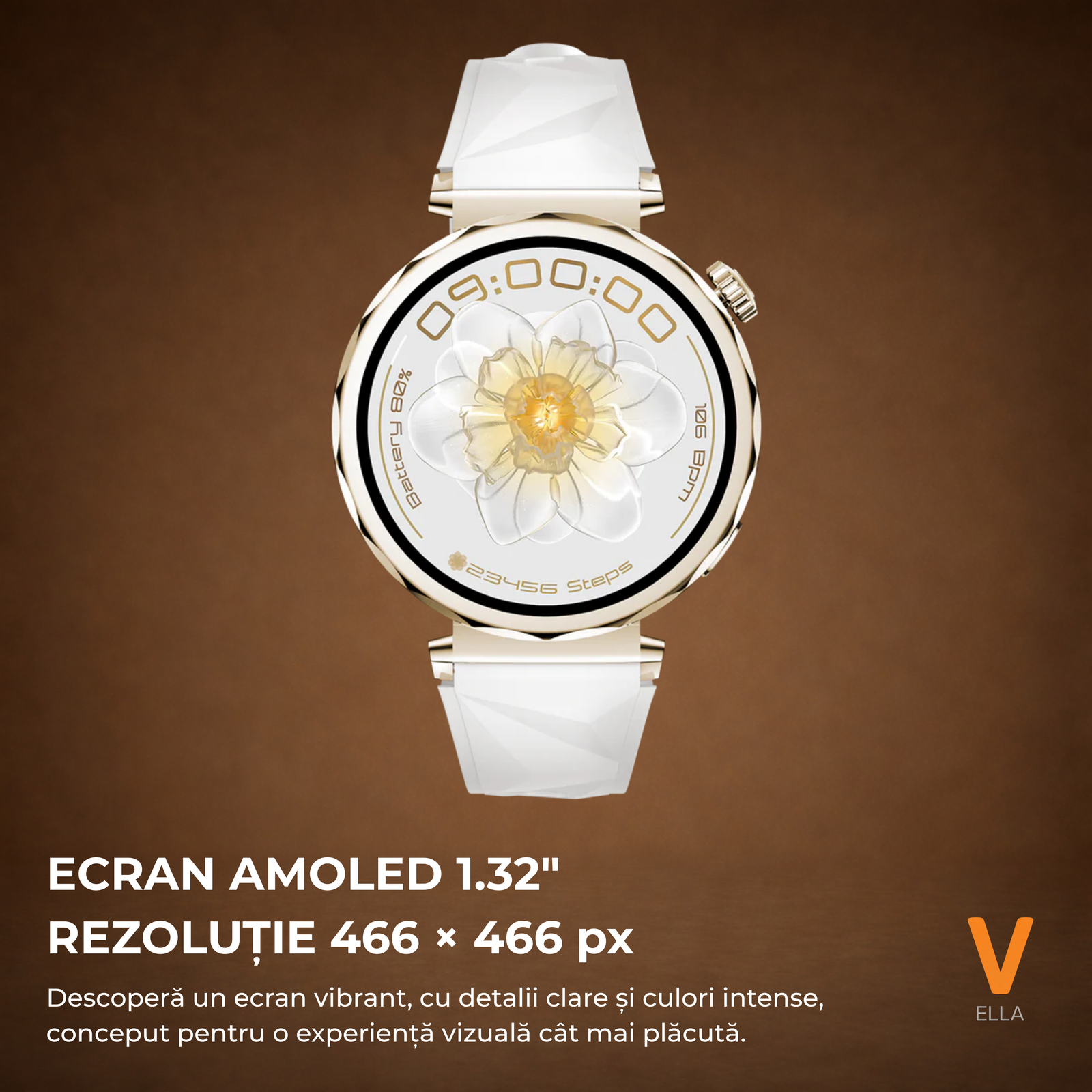 Ceas Smartwatch Dama ELLA Vivendo®, Ecran AMOLED 1.32", Fitness, Apel Bluetooth, Notificari Limba Romana, Asistent Vocal & ChatGPT AI, Incarcare Wireless, Rezistent Apa IP68, 2 Curele Incluse