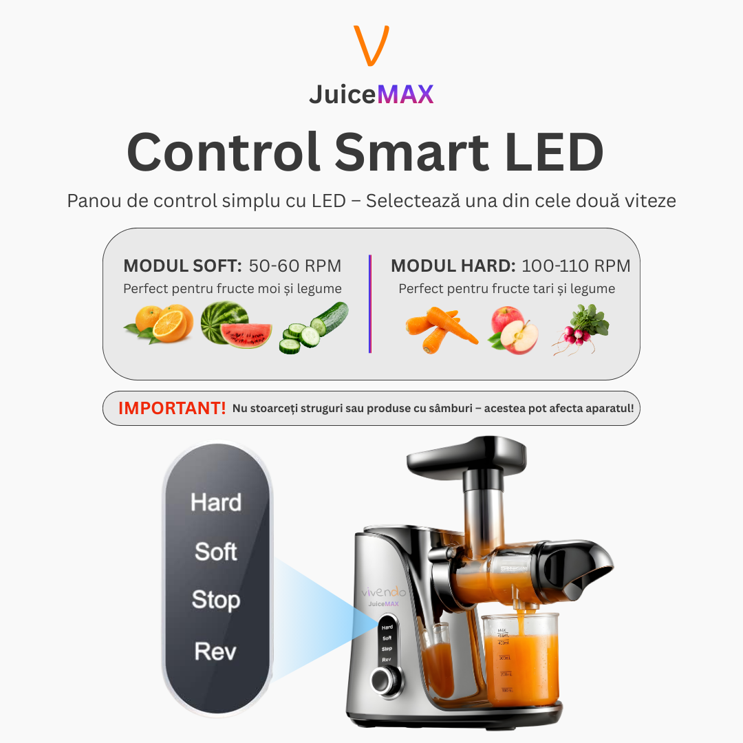 Storcator Multifunctional JuiceMAX cu Presare la Rece – Motor DC 150W, 110 RPM, Corp Inox, Functie Reverse, pentru Fructe, Legume si Frunze Verzi