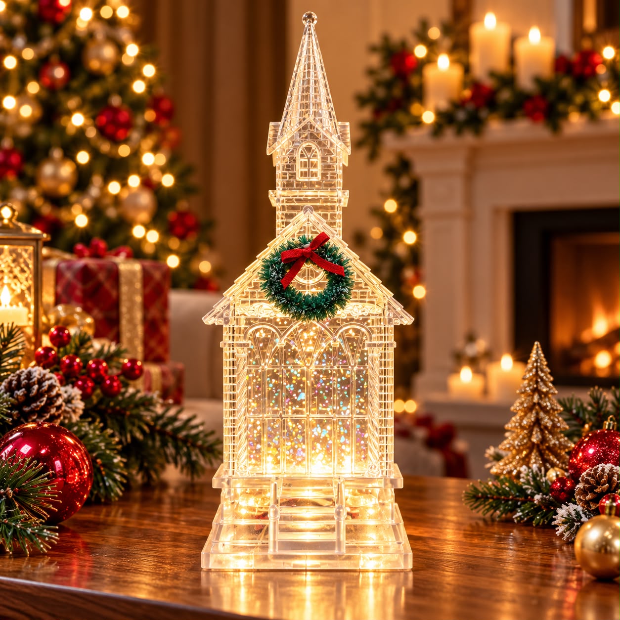 Decorațiune Biserică Transparentă cu LED și Sclipici Mișcător – 30 cm - imagine principala