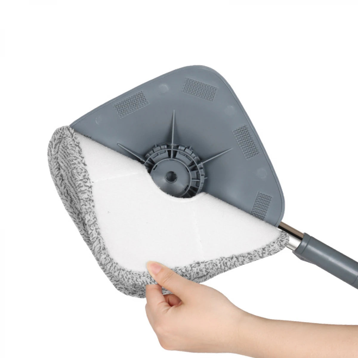 Set mop rotativ 360° cu galeata centrifuga, separare apa curata de apa murdara, sistem evacuare apa, 4 rezerve, gri