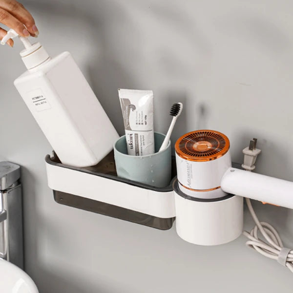 Suport autoadeziv pentru uscatorul de par, pahar pentru articole baie, ABS, 30.5 x 9.6 x 7 , alb