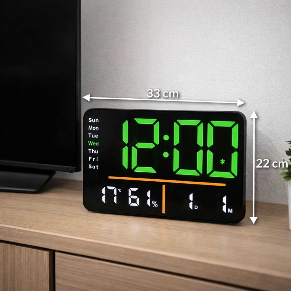 Ceas digital cu LED, Bluetooth, 33 x22cm, control de la distanta, montare pe perete sau birou, negru