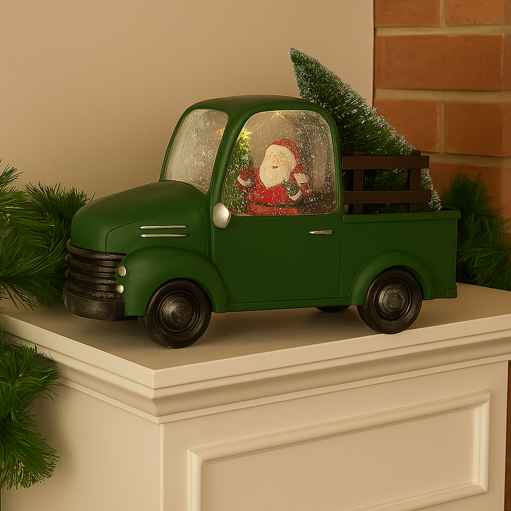 Decoratiune Craciun, Tip Masina, Figurine Mos Craciun cu Bradul, 3 Moduri, Functie Muzicala, Zapada in Miscare 24 x 10 x 19 cm, Alb Cald