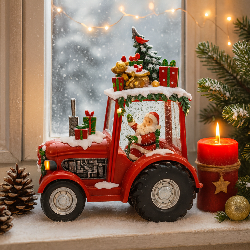 Decoratiune Craciun tip Tractor cu Mos Craciun ,brad si cadouri, functie muzicala, zapada in miscare, 25 × 13 × 21 cm
