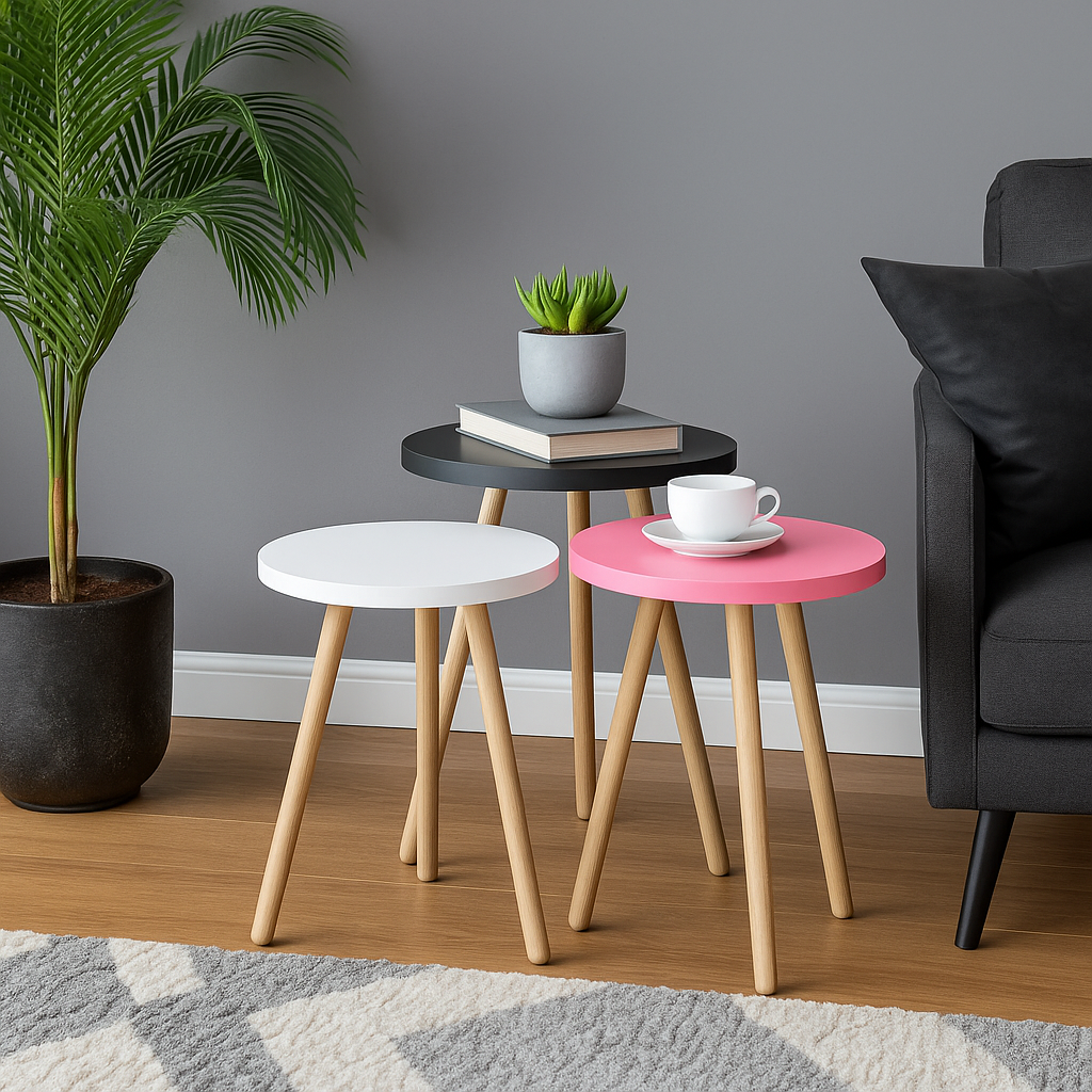 Set 3 masute decorative rotunde, cu picioare din lemn, stil scandinav, 3 inaltimi 41 / 45 / 49 cm