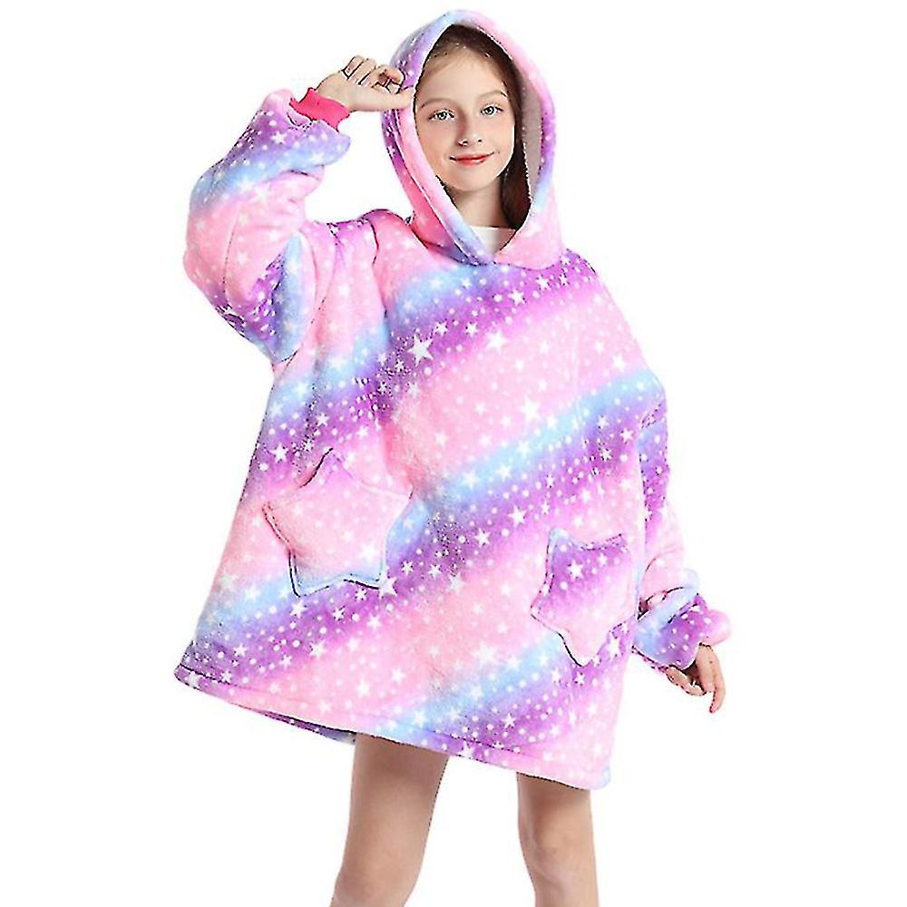 Hanorac patura cu gluga si maneci, insertii fosforescente, calduros si pufos, buzunar spatios, model unicorni si stelute