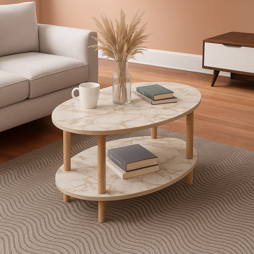 Masa de cafea ovala, cu raft inferior depozitare, 43 x 70 x 44 cm