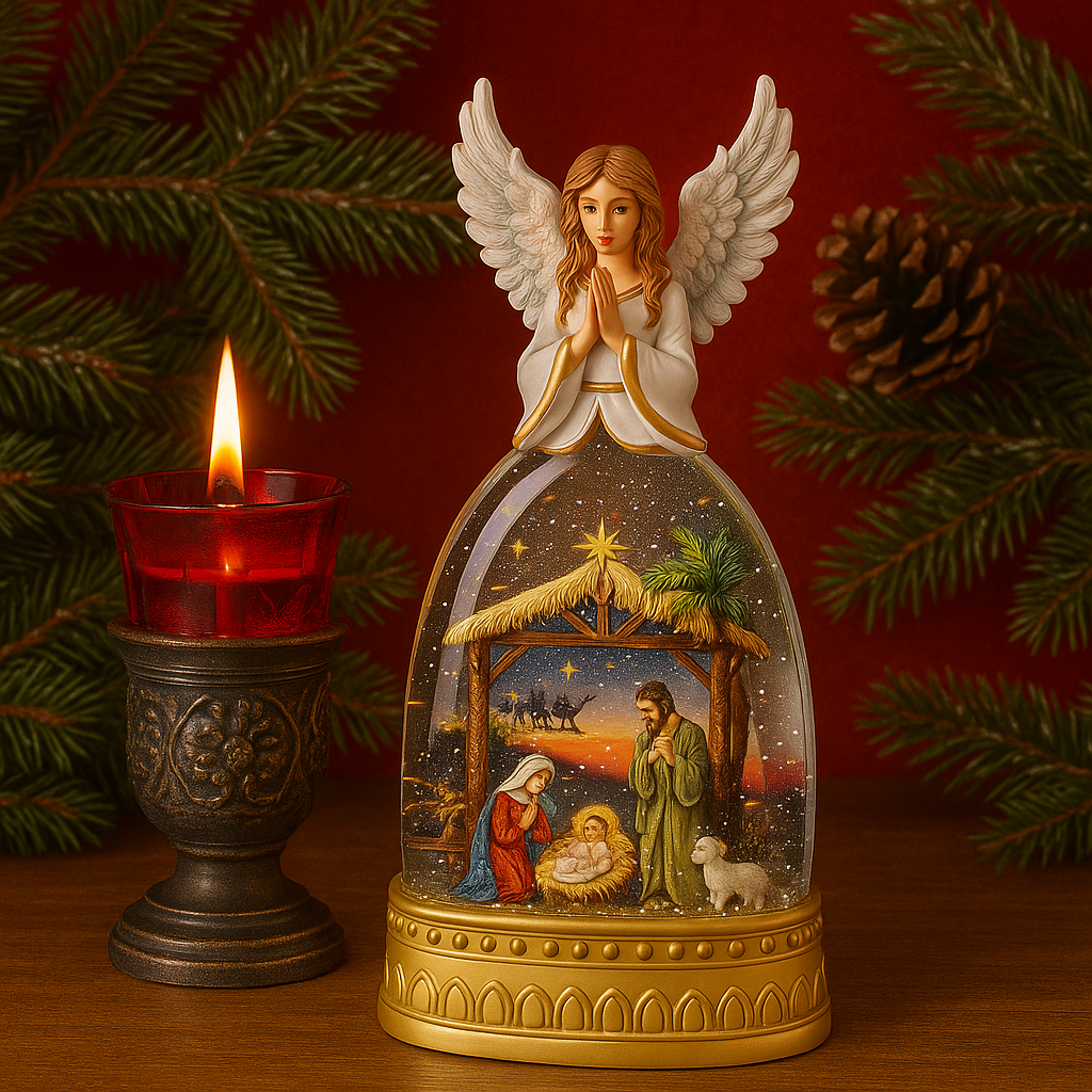 Glob decorativ Craciun cu inger si scena Nasterii Domnului, apa, lumina si muzica, 15x33 cm