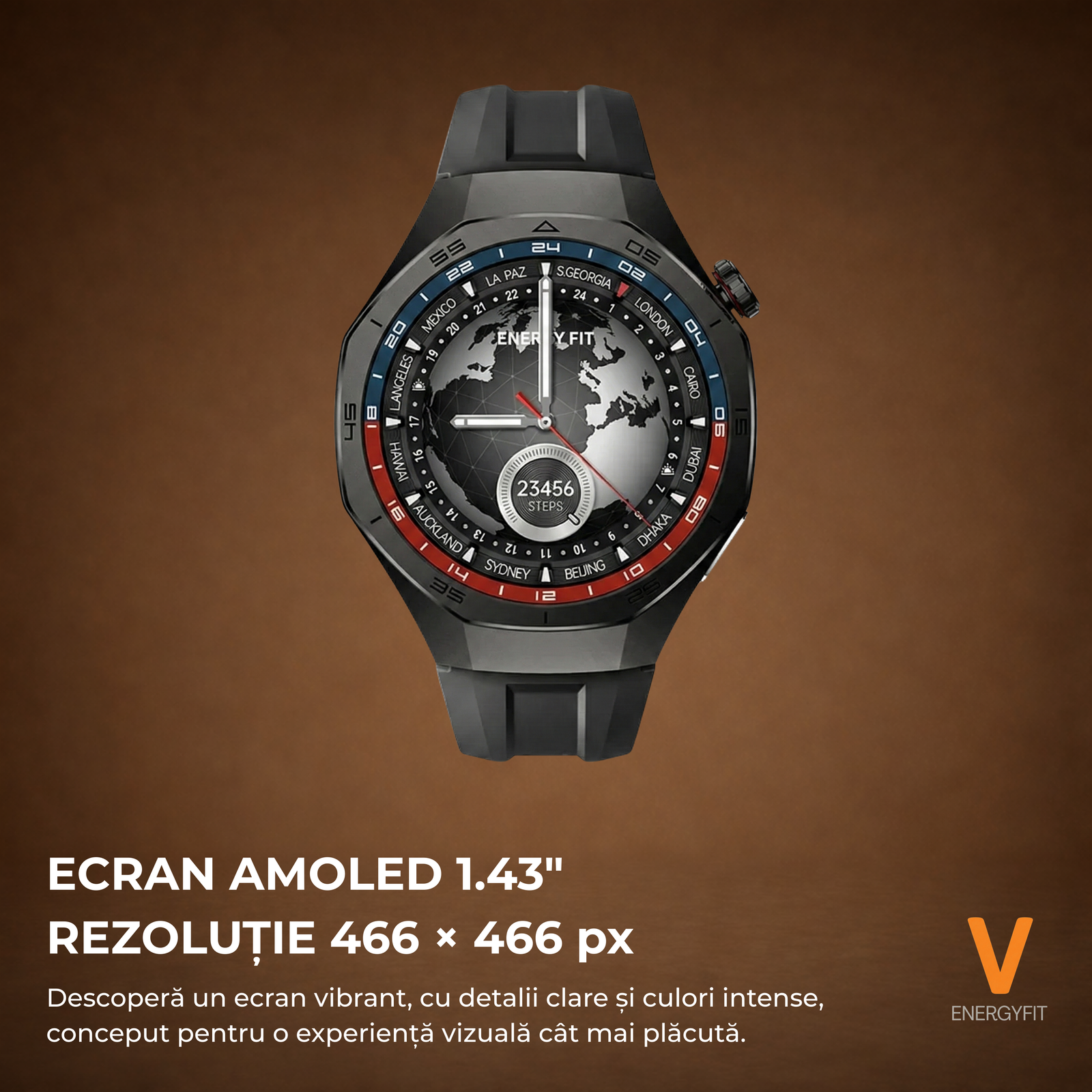 Ceas Smartwatch ENERGYFIT, Ecran AMOLED 1.43", Apel Bluetooth, ChatGPT AI, Notificari Romana, Fitness, Sport, Rezistent Apa 5ATM, Incarcare Wireless, 2 Curele, Negru