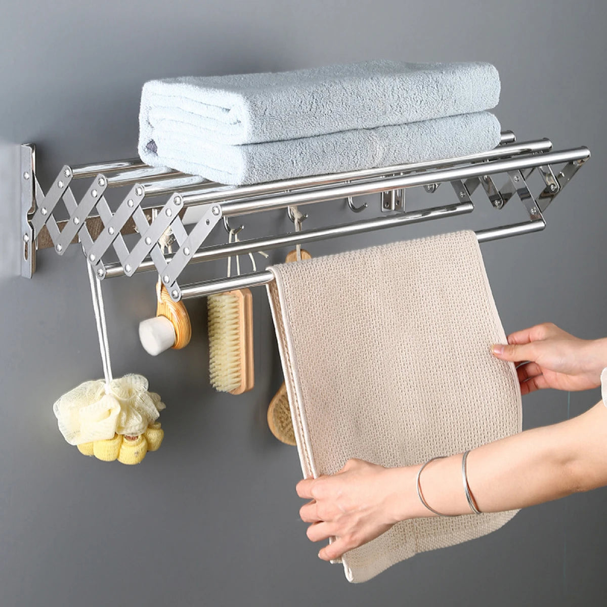 Suport pliabil pentru prosoape, inox, 7 bare, 5 carlige, 12-35.5 cm x 58 cm x 14.5 cm, argintiu