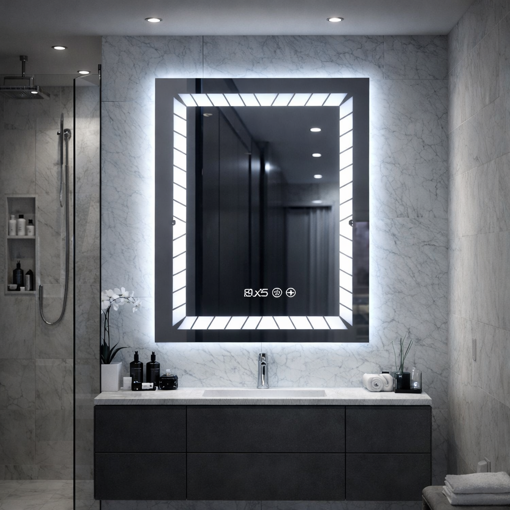 Oglinda LED cu ceas digital si dezaburire, lumina reglabila touch, 60x80 cm