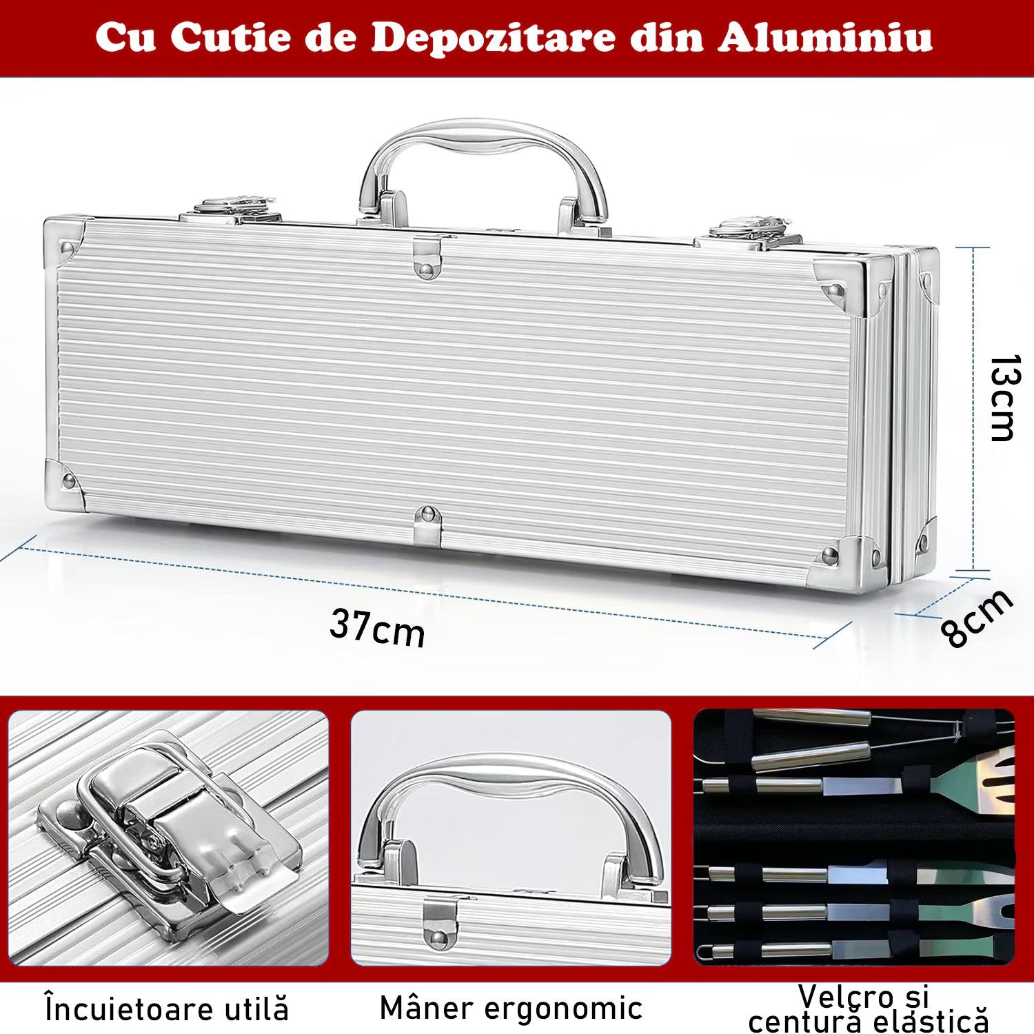 Set 5 Ustensile Gratar Otel Inoxidabil cu Cutie Depozitare Aluminiu - detaliu produs
