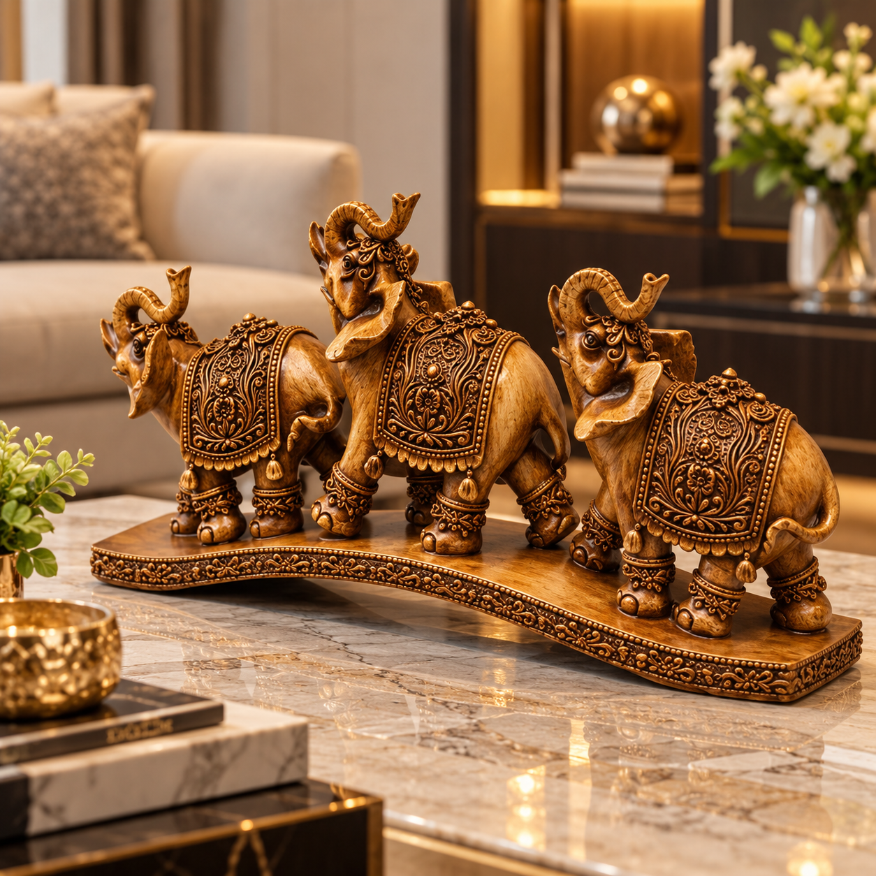 Statuetă Decorativă Premium cu 3 Elefanți, Design Oriental, Finisaj Bronz-Auriu, din Rășină – 27 × 13 cm - detaliu produs