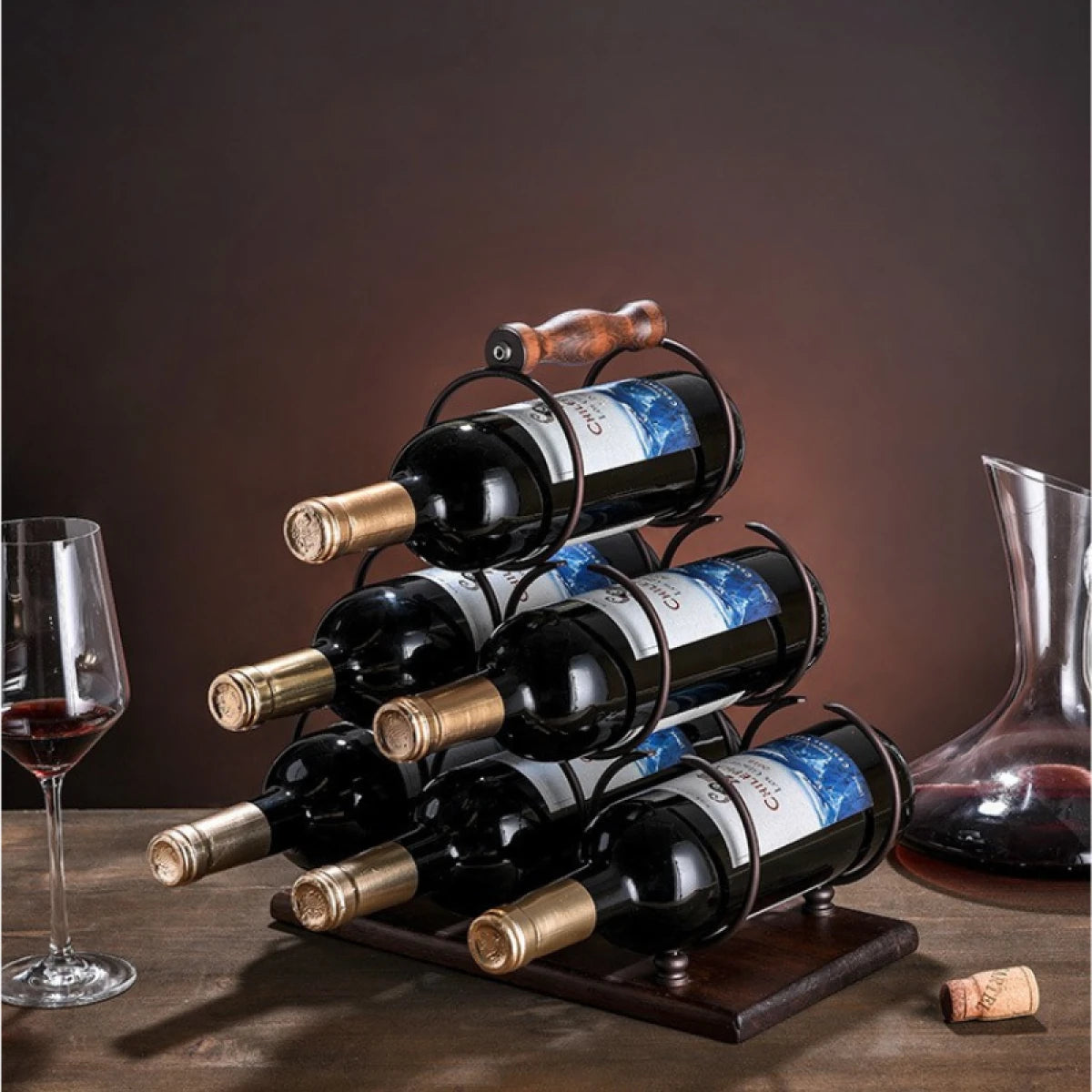 Suport pentru 6 sticle de vin, design modern, lemn natural si otel, 32.5 x 16 x 30 cm