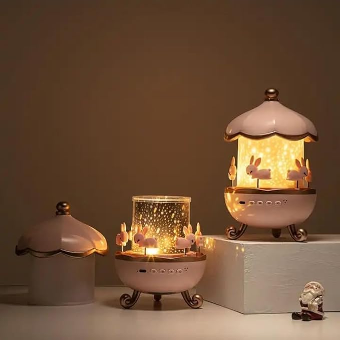 Carusel iepurasi cu proiectie stelara si rotire 360° – lampa veghe copii, 12 de moduri de lumina