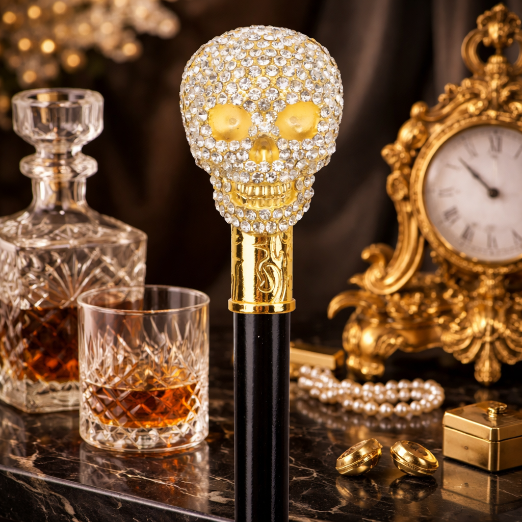 Baston de mers la moda cu cap de craniu auriu, 90 CM