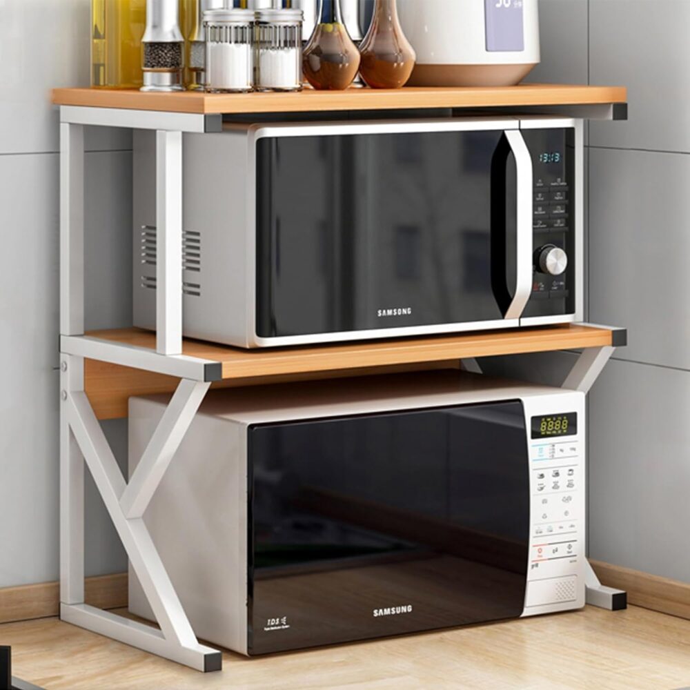 Raft Universal Bucatarie 2 Nivele Lemn si Metal – Suport pentru Cuptorul cu Microunde 68.5x54x37cm