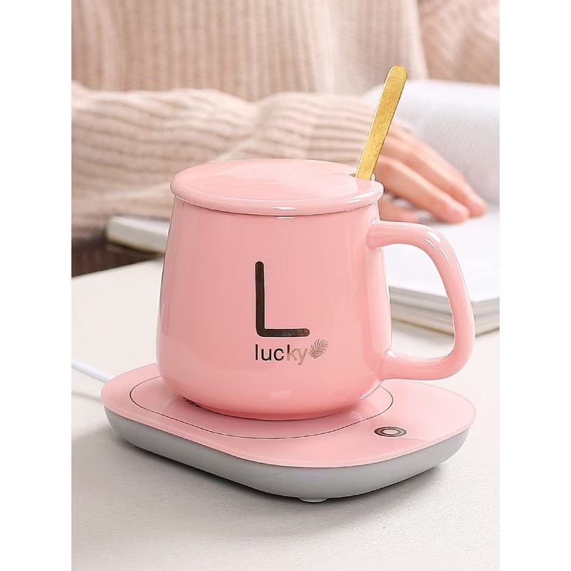 Set cadou Cana ceramica cu incalzitor, lingurita, temperatura constanta 55 grade, 220V, 400 ml