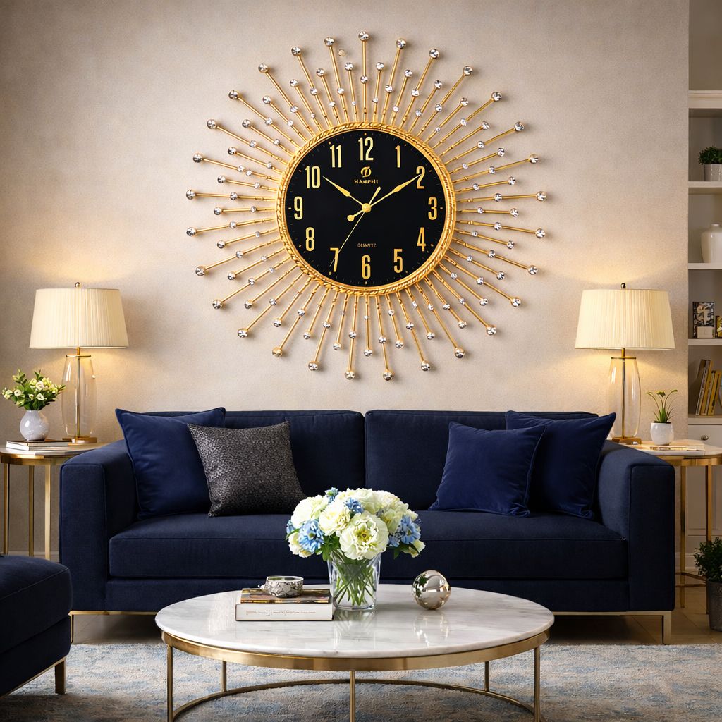 Ceas de perete decorativ auriu tip Sunburst cu cristale, 50cm