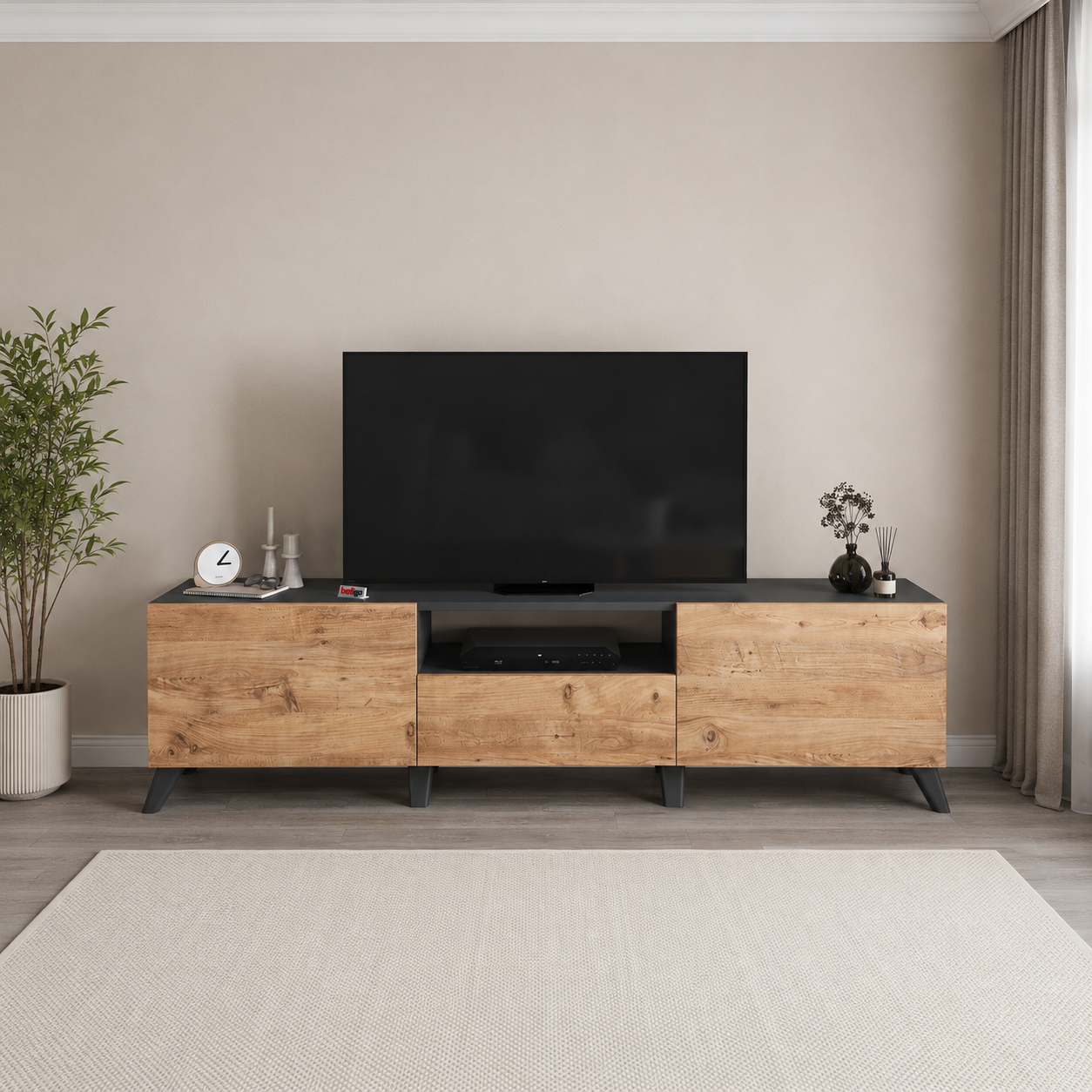 Comoda TV living 60 x 31,8 x 44,8 cm cm, 2 usi rabatabile soft-close, PAL melaminat 18 mm clasa E1, stil scandinav