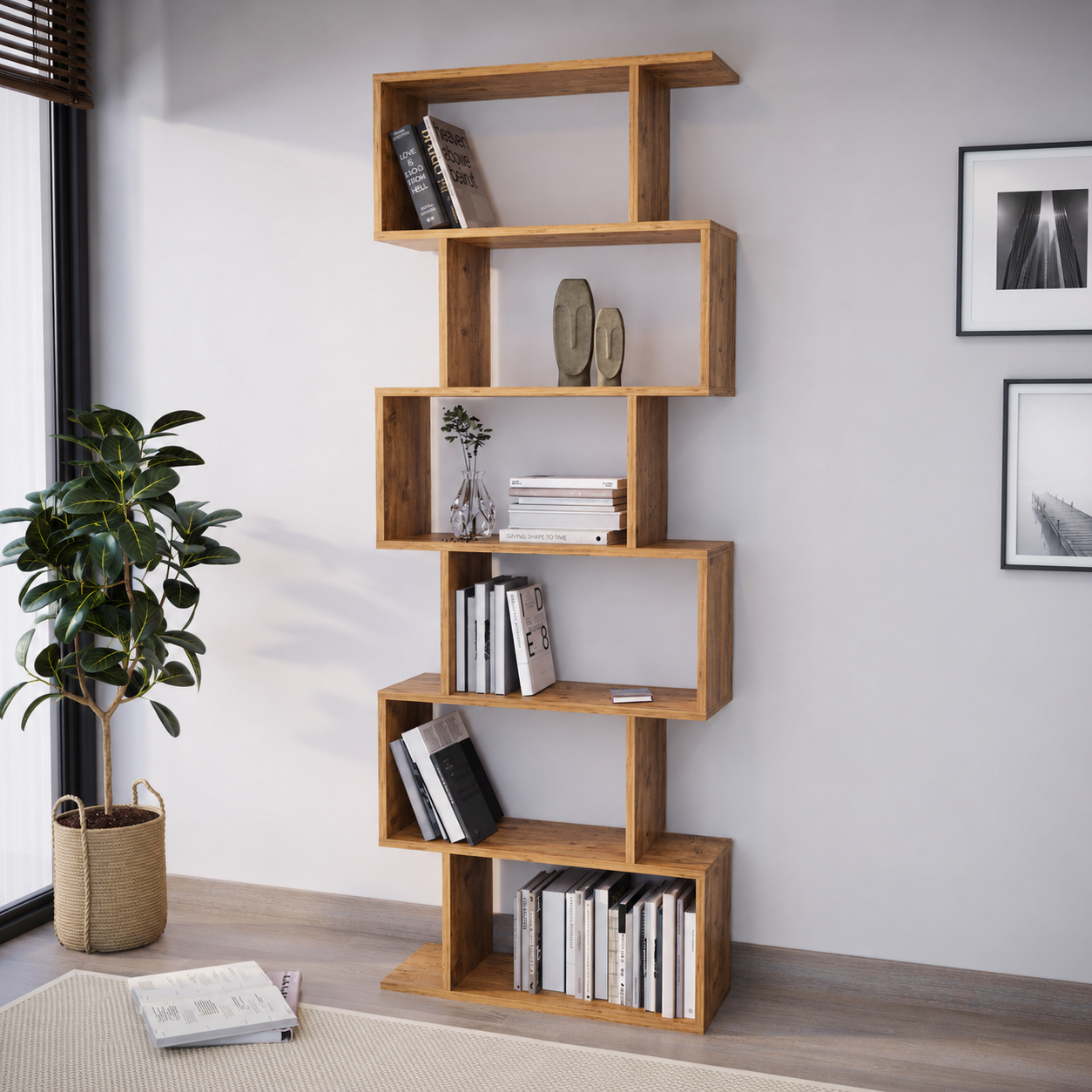 Bibliotecă modernă cu 6 rafturi asimetrice 80x25x190,2 cm - imagine 4