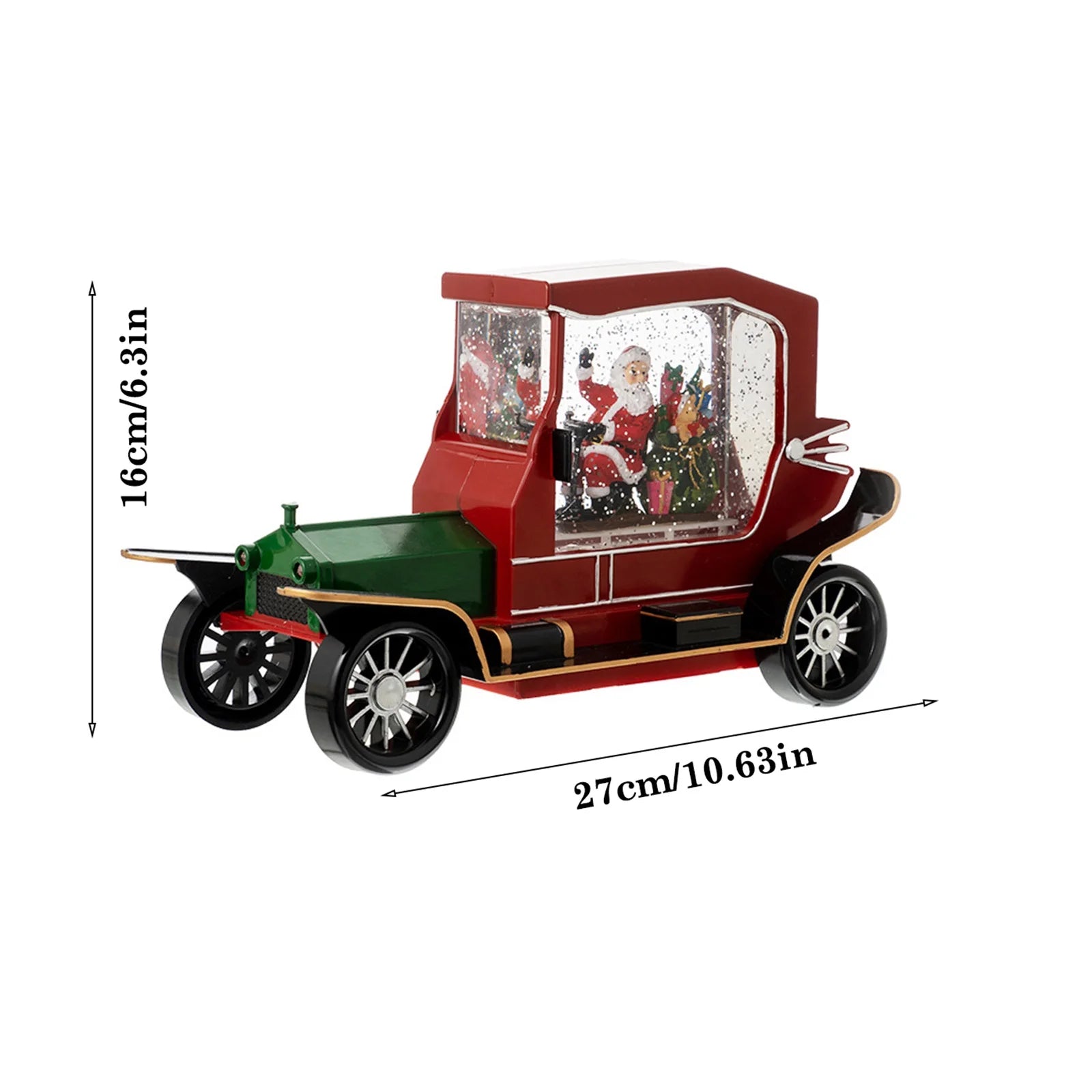 Decoratiune Craciun tip masina de epoca cu Mos Craciun si cadouri, functie muzicala, zapada in miscare, 6x27 cm16x27cm