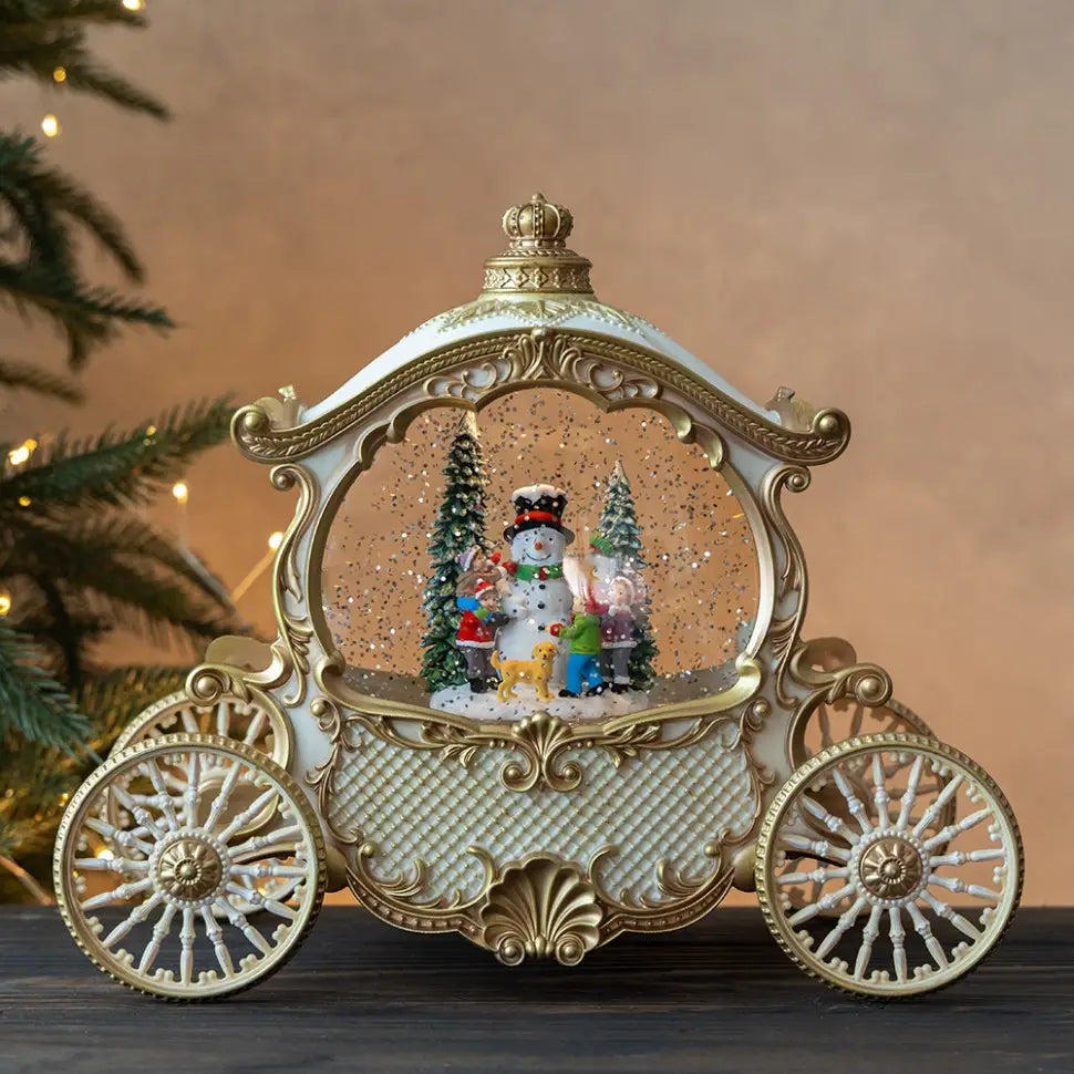 Felinar LED Luminos Premium "Caleasca Lui Mos Craciun", cu 8 Melodii si Invarte Zapada,USB,Baterii