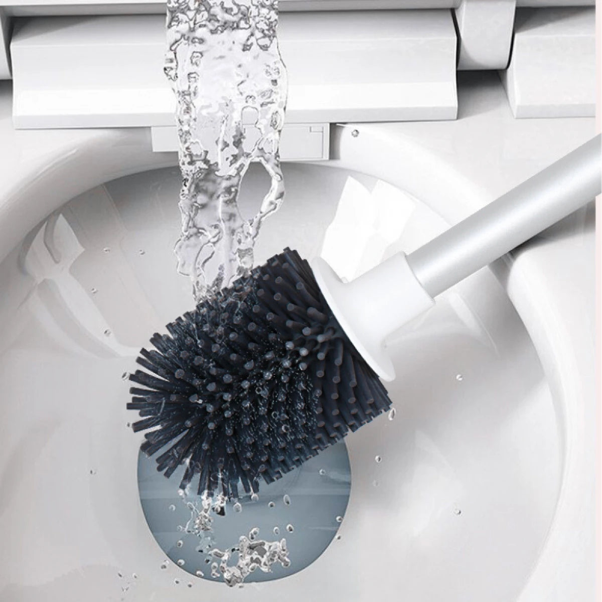 Perie de wc din silicon cu recipient pentru scurgerea apei, suport autoadeziv, 10 cm x 52.5 cm