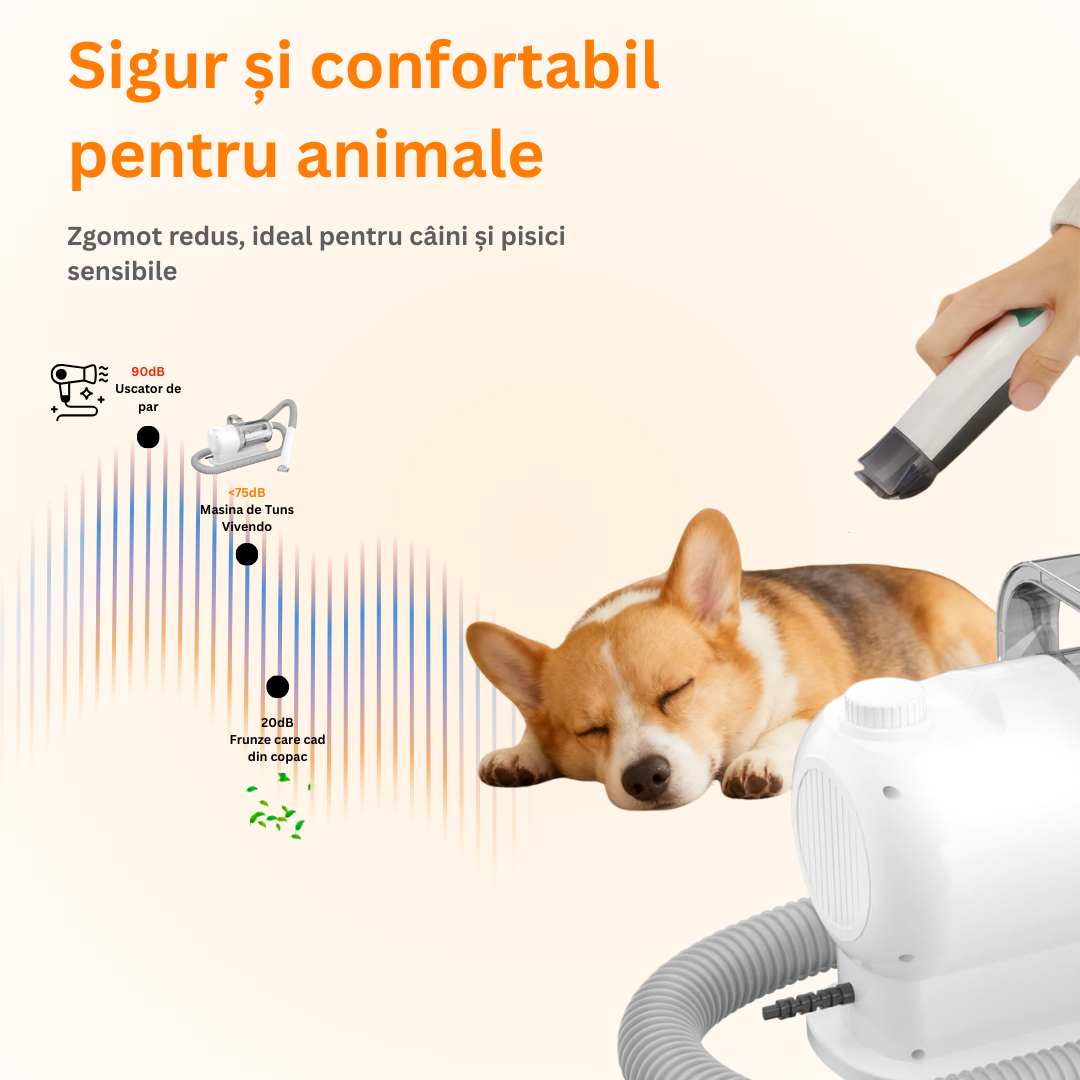 Masina de tuns animale 5 in 1 cu Aspirator integrat – Caini si Pisici, 6 dimensiuni de tuns, zgomot redus, Alb