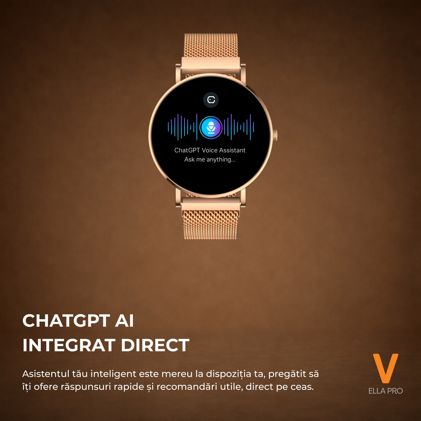 Ceas Smartwatch Dama ELLA PRO Vivendo®, Ecran AMOLED 1.32", Fitness, Apel Bluetooth, Notificari Limba Romana, ChatGPT AI, Incarcare Wireless, Rezistent Apa IP68, 2 Curele Incluse