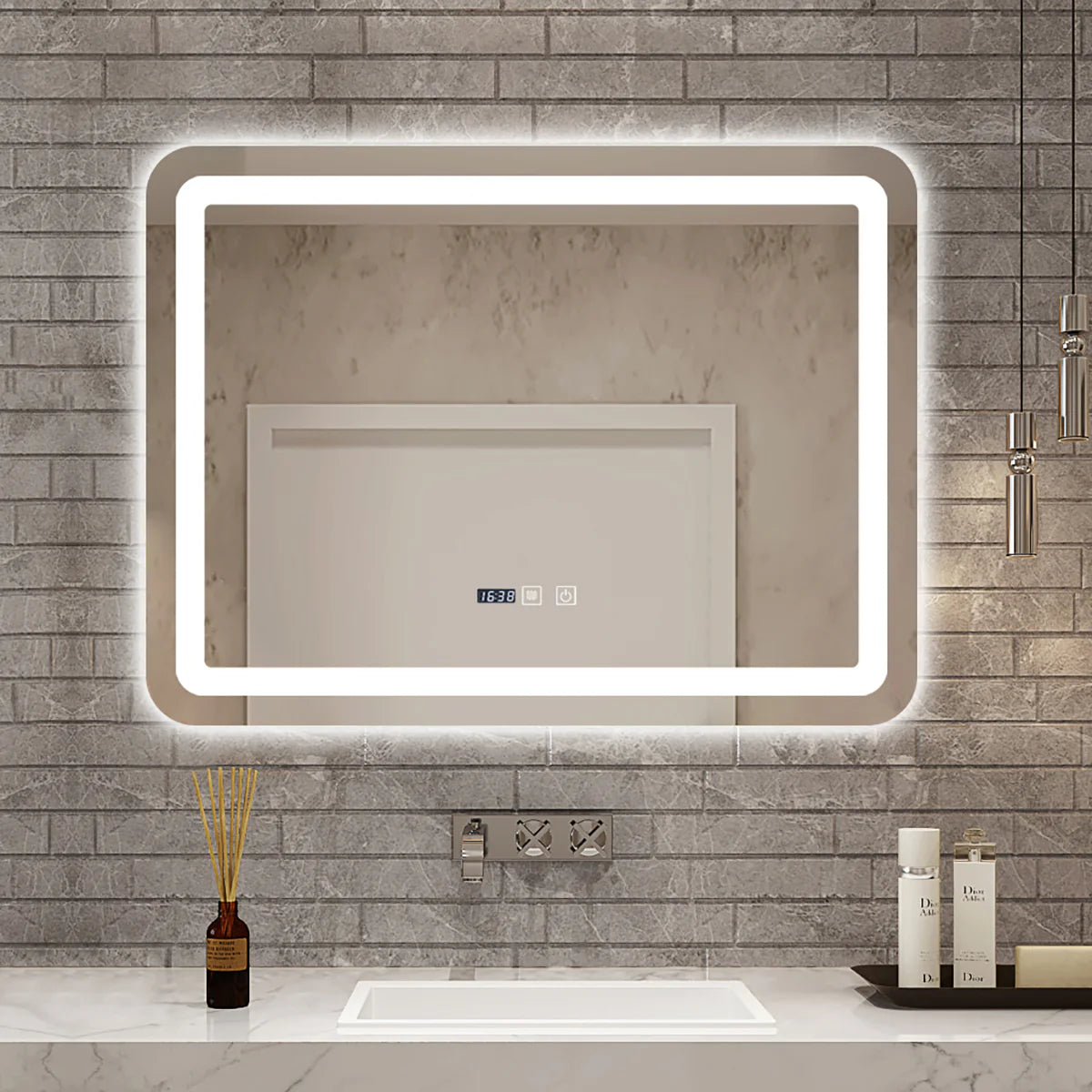 Oglinda LED pentru baie 60x80 cm, sistem Dezaburire, Senzor Touch, Ceas, Trei Tipuri de Lumina