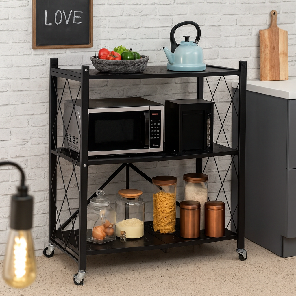 Raft depozitare, metalic, pliabil, pe roti, 3 polite,72 x 34 x 87 cm