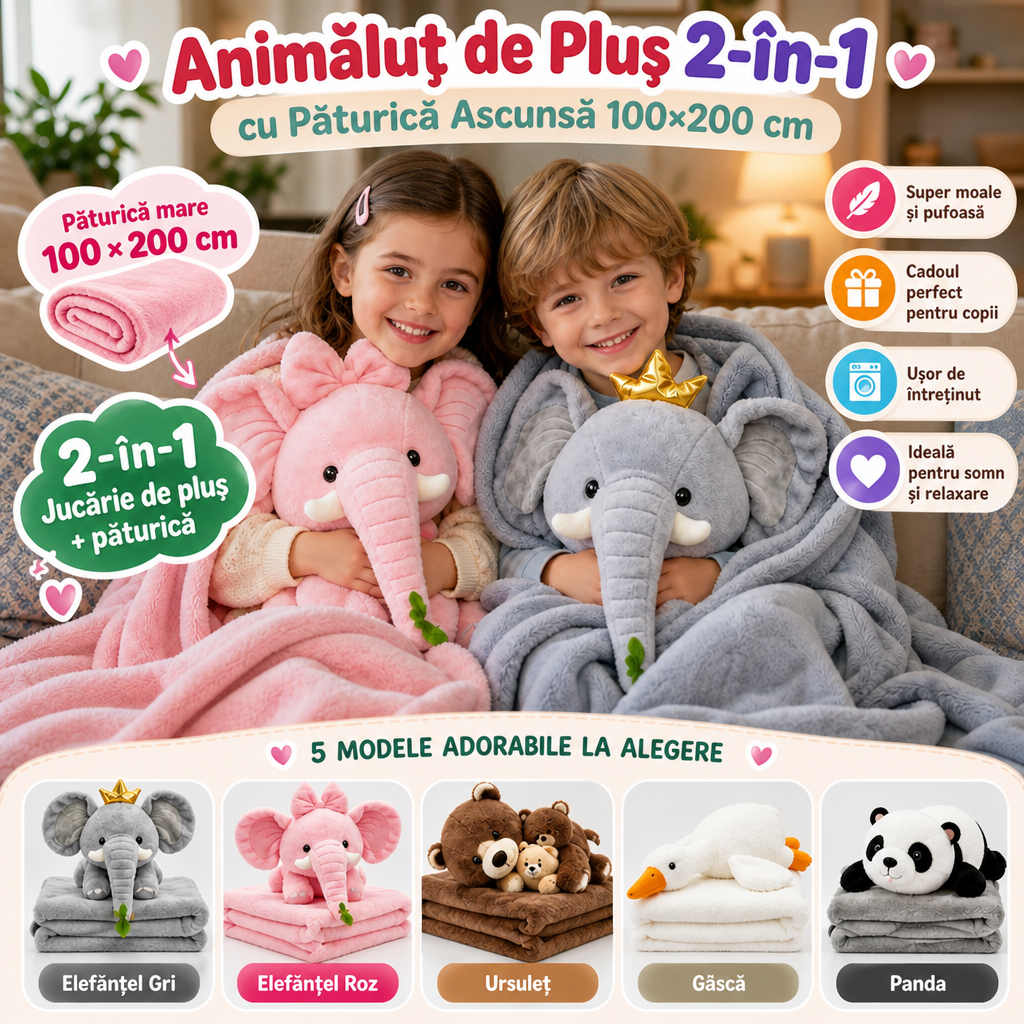 Animalut de Plus 2-in-1 cu Paturica Ascunsa 100x200 cm 5 Modele - detaliu produs